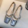 Silver Retro Patent Leather Mary Jane Women's Shoes Thick Heels Single Shoes New French Temperament One-word Diamond Belt Gao Cuiwei