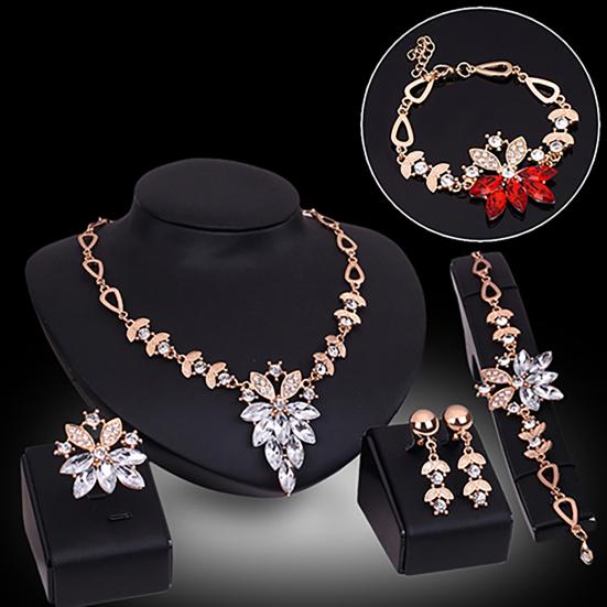 Women's Wedding Bracelet Necklace Jewelry Set Clear Crystal Statement Ring Earrings KTJ