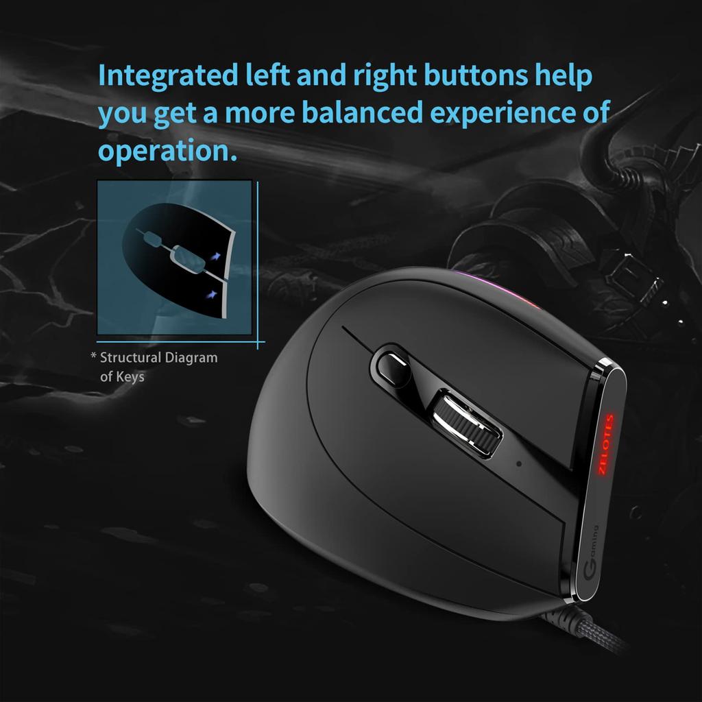 KOCAN Gaming Vertical Optical Ergonomic Black T-50 Mouse, Wired, 9-Key Mouse, 6-Gear DPI, Design,