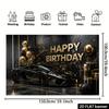 2D plane birthday party banner background black and gold sports car theme with the words "HAPPY BIRTHDAY" in gold fontzyc
