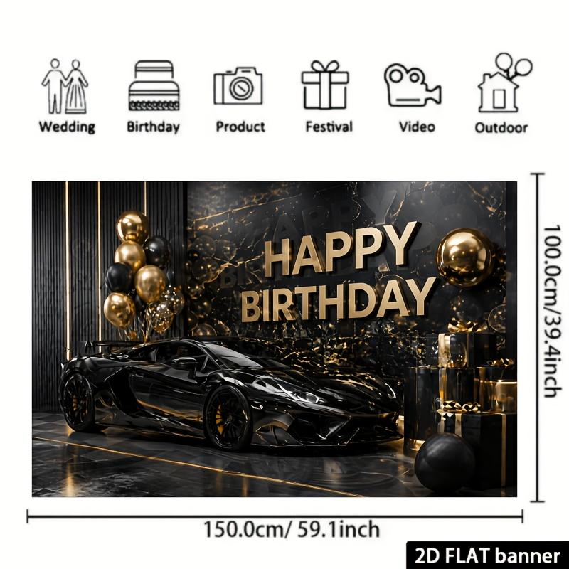 2D plane birthday party banner background black and gold sports car theme with the words "HAPPY BIRTHDAY" in gold fontzyc