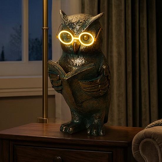 Reading Animal Figurine Retro Owl Rabbit Raccoon Reading Book Statue with Glow in The Dark Glasses for Bookshelf Desktop Home Decor