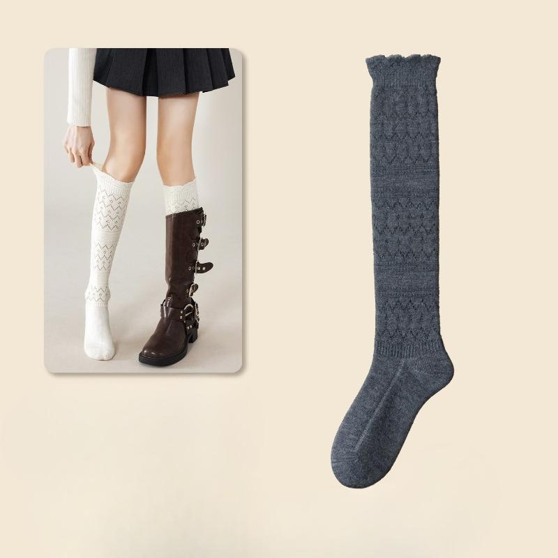 Short Leg Stockings - Autumn/Winter Style with Openwork Lace and Solid Color. Long Stockings for Girls and Women. Trendy Pile-style Stockings.