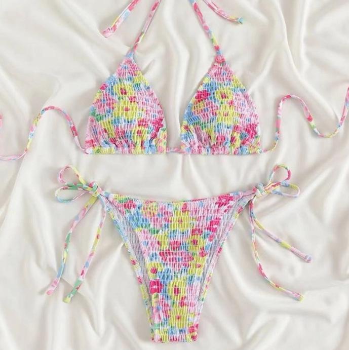 Floral Triangle Cup Three-Piece Swimsuit - Sexy Tie-Up Bikini Set In Stock