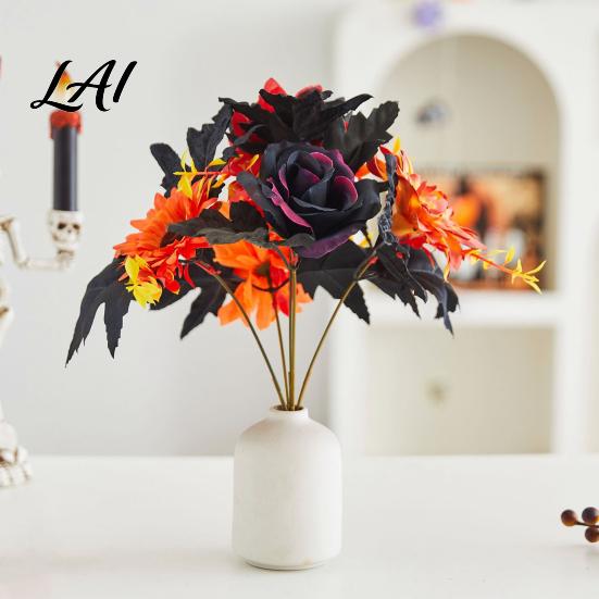Fake Maple Leaf Decor Halloween Artificial Flower Fall Faux Sunflower Rose Bouquet with Black Maintenance Free Flowers Leaves Autumn Floral