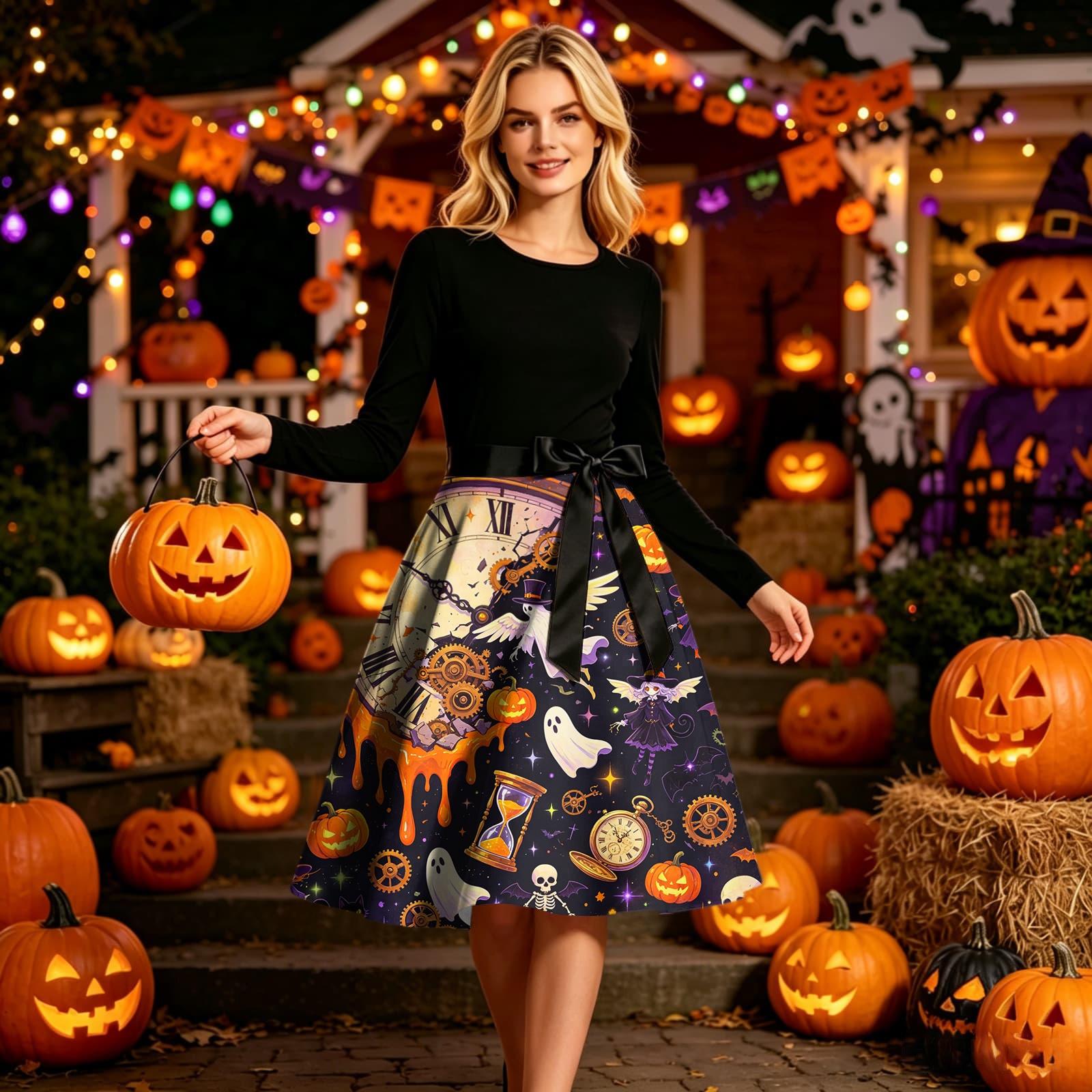 Women s Long Sleeve Halloween Print Dress Round Neck Casual Tunic for Fall S