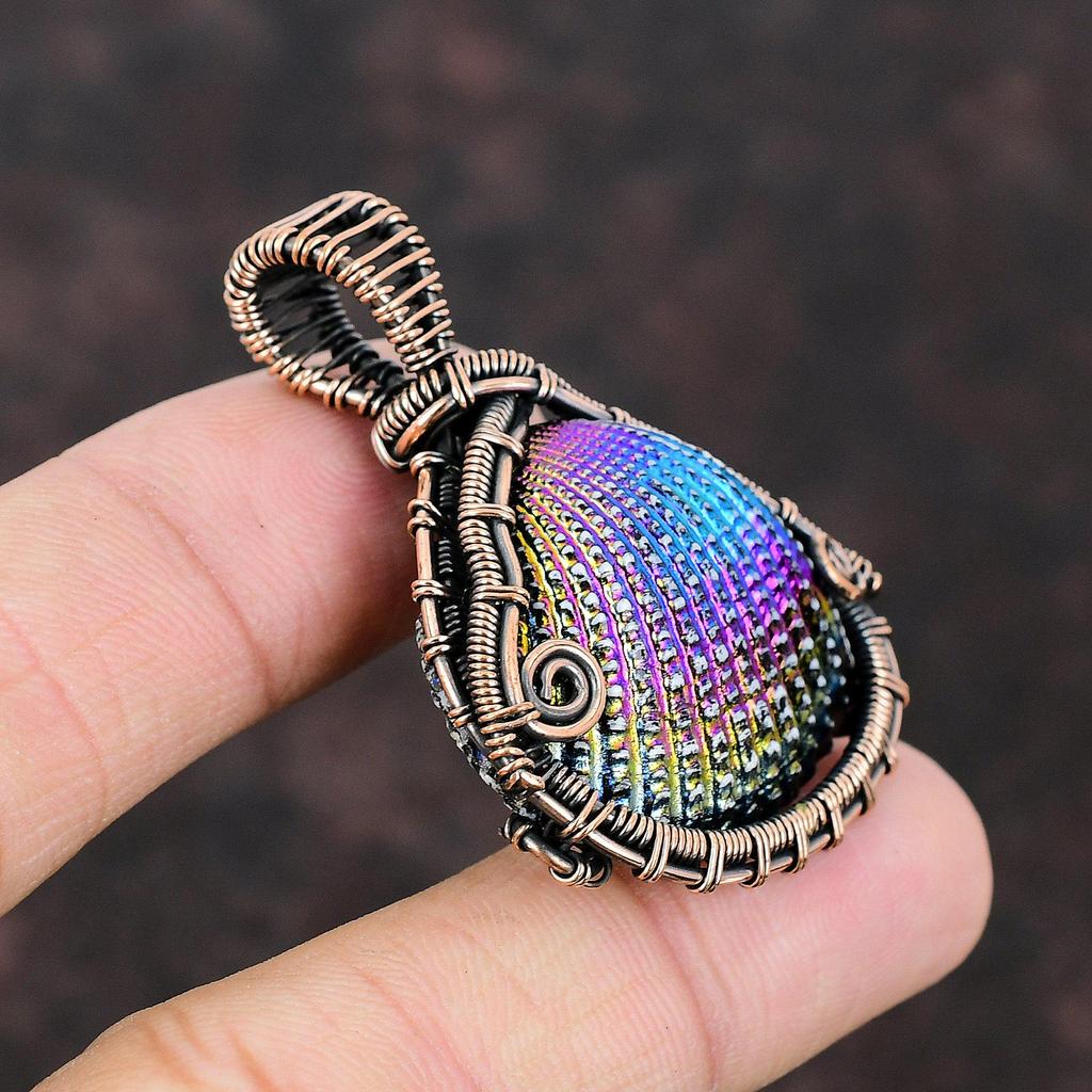 Titanium Coated Shell Pendant Copper Wire Wrapped Pendant Handmade Jewelry Sea Shell Gemstone Pendant Antique Copper Jewelry Wrapped Pendant