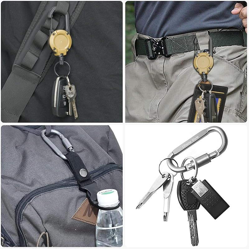 [akoyo] Key Back With Carabiner Multifunctional Elastic Reel Type Key Reel Initial Telescopic [metal Wire In Durable] Powerful Carabiner Pin-on Reel