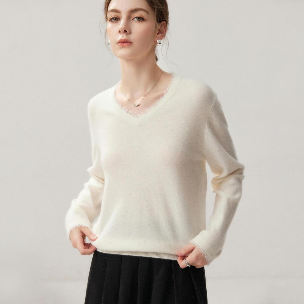 Autumn Winter Women's V-neck Sequined Tassel Pullover Cashmere Sweater
