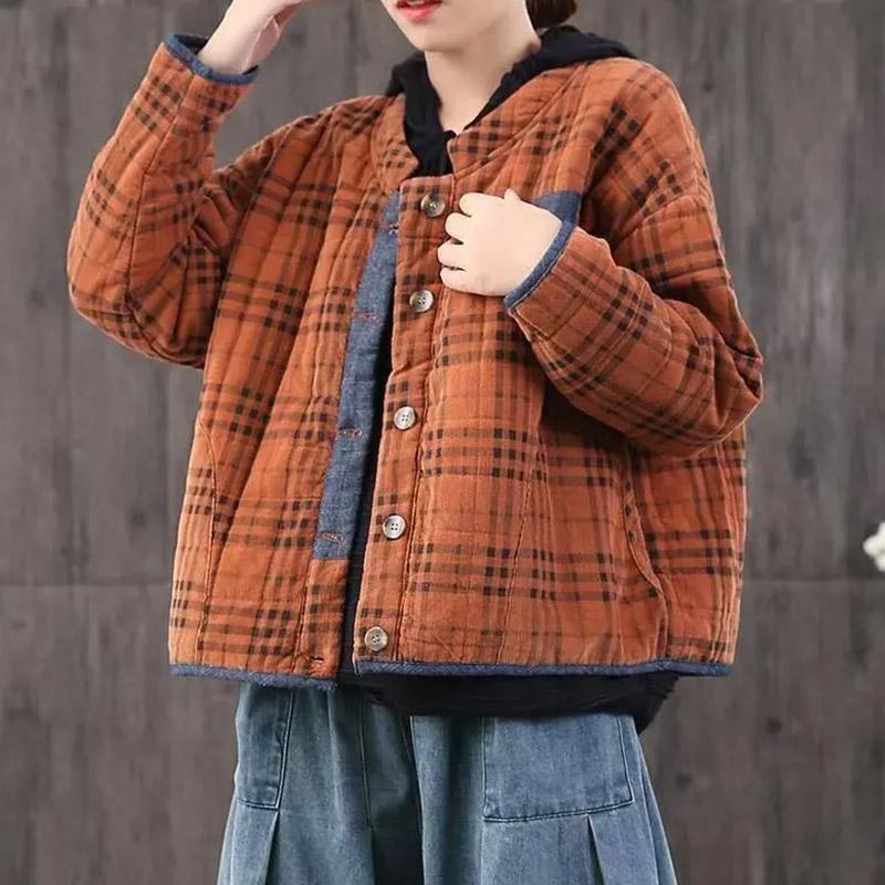 Coat for Women Cotton Thickened Plush Autumn Winter Throwback Grid Oversize Casual Button Down Jacket