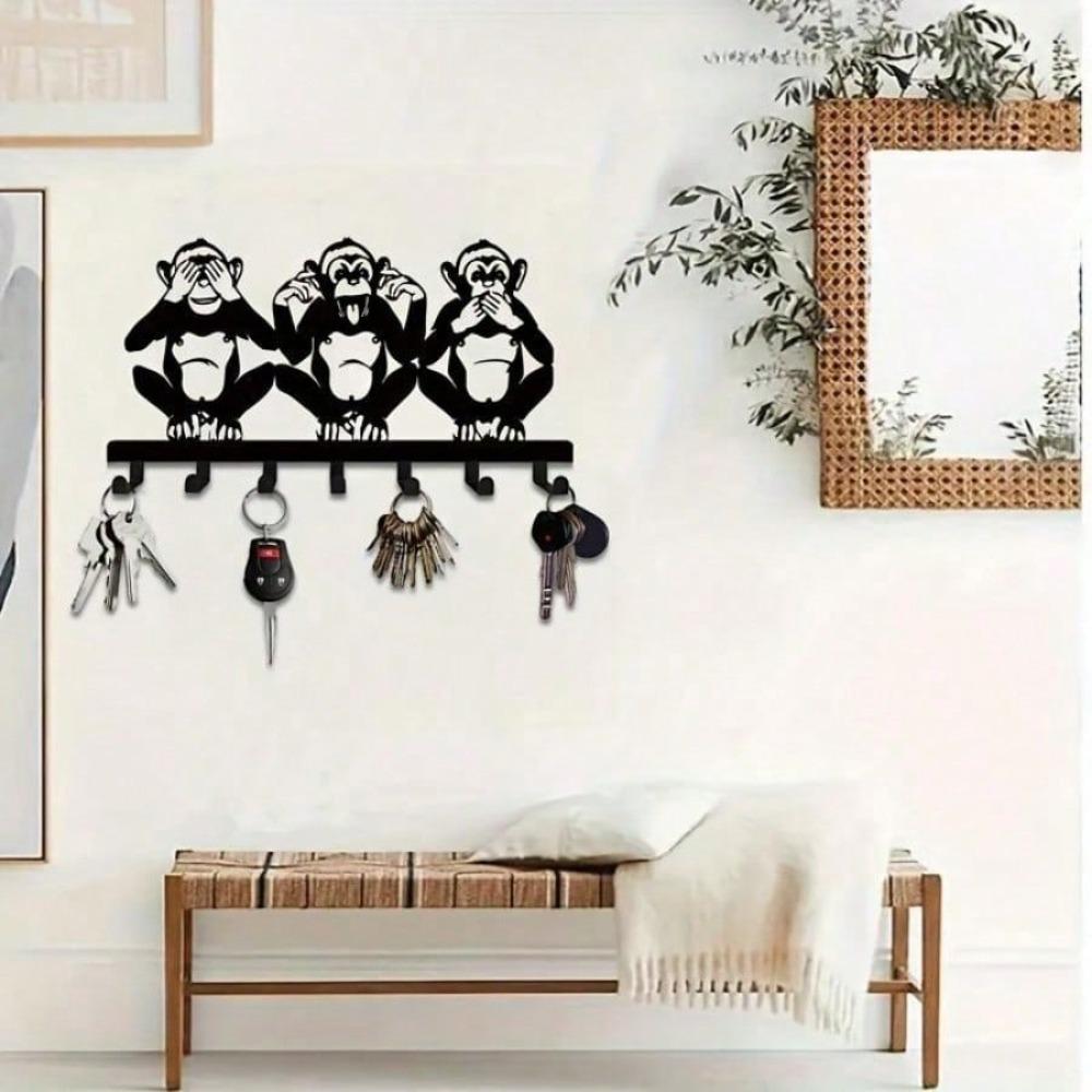 1 PC Charming Three Monkeys Metal Wall Art With Key Hooks - Effortless Installation, Perfect For Hanging Jackets, Hats