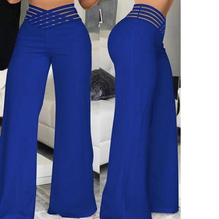 

Женские широкие расклешенные брюки, осенние повседневные брюки с сетчатыми вставками и высокой талией, уличные элегантные рабочие брюки XS синий