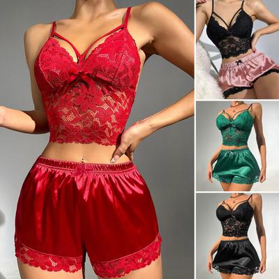 2 Adet/Set Kadın Pijama Takımı Oyuklu Dantel V Yaka Sırtı Açık Kolsuz Crop Top Yüksek Bel Saten Şort Ev Tatil Sevgililer Günü Yıldönümü