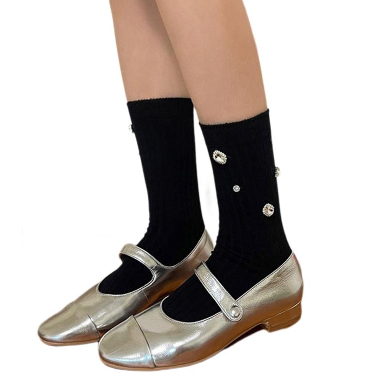 Womens Ribbed Crew Socks, Thin Comfort Breathable Rhinestone Socks, Above Ankle Crew Socks for Womens Schoold Girl