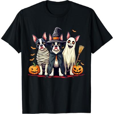 Boston Terrier Cadılar Bayramı Kostümü Mumya Cadı Hayalet Köpek Sever T-Shirt Erkek Kadın Çocuklar İçin