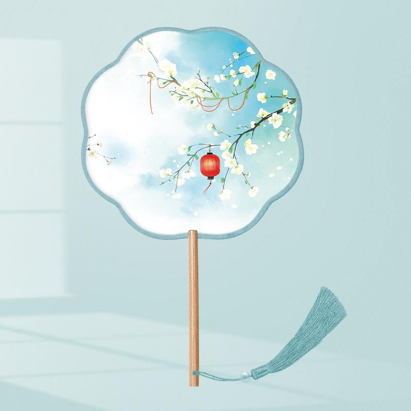 Girls' Summer Hanfu Dance Fan: Long Handle, Double-Sided Embroidered Round Fan for Traditional Costume