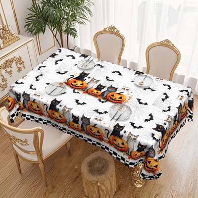 1 Piece Happy Halloween Tablecloth, Vintage Black Cat Pumpkin Bat Design, Halloween And Day Of The Dead Decorations