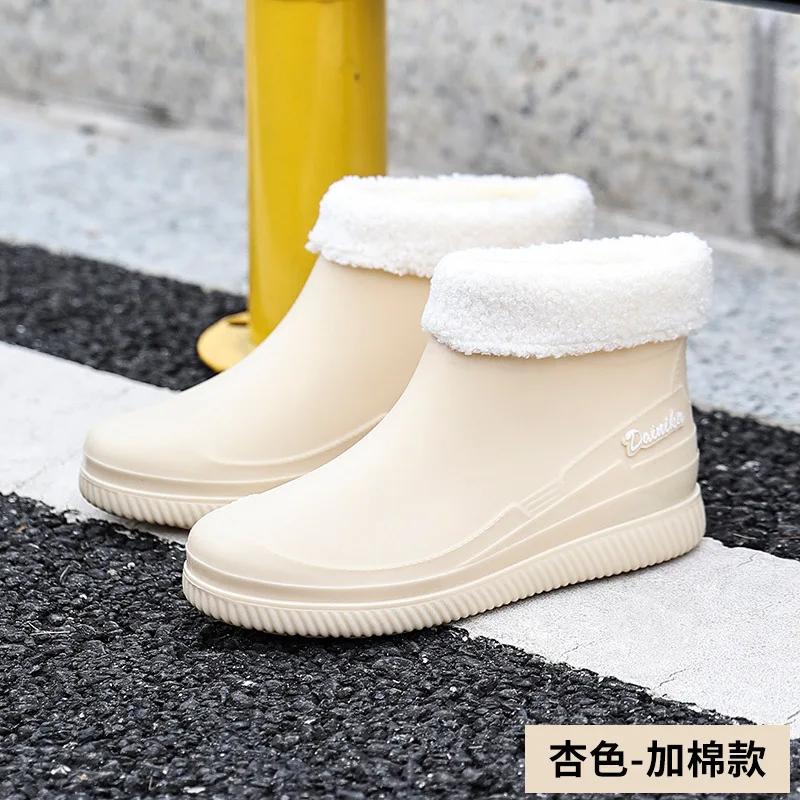 Fashion Women Rain Boots Korean High-heel Fashion Outdoor Short Tube Rain Boots Waterproof Shoes Warm Cotton Anti Slip Ankle Boots 2025