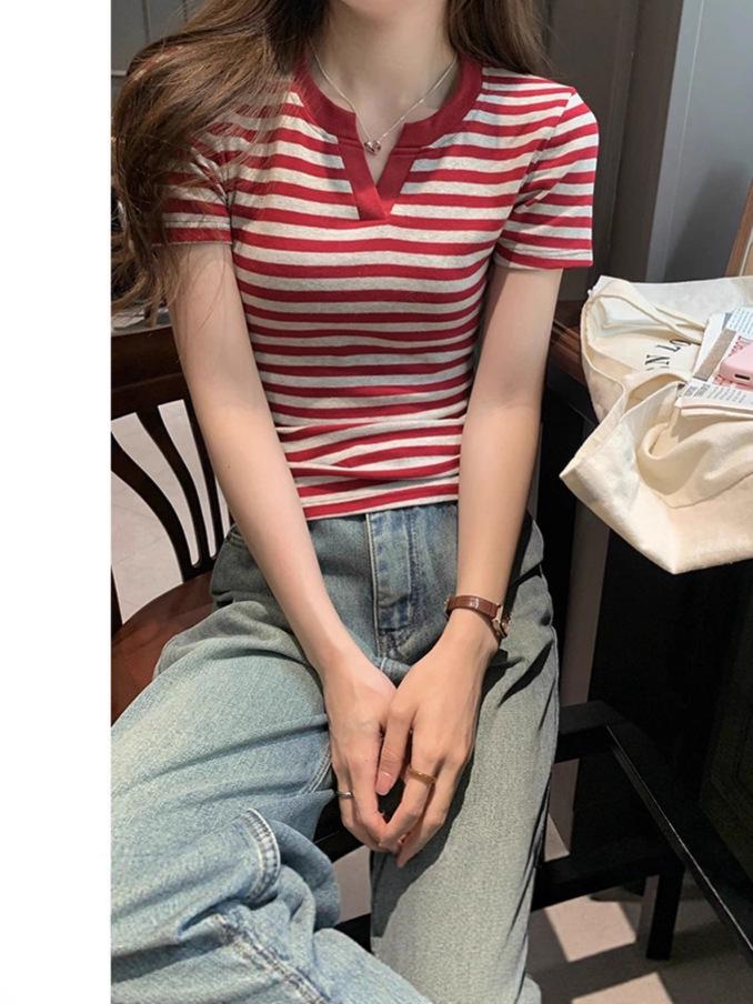 Spicy Girl Striped Color Block Short Sleeve T-shirt, Summer 2026 Women's Slimming Versatile Top