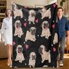 Pug-themed Flannel Blanket with Hearts, Perfect for Sofa, Bed, Office. Ideal Gift for Family, Friends, and Holidays.