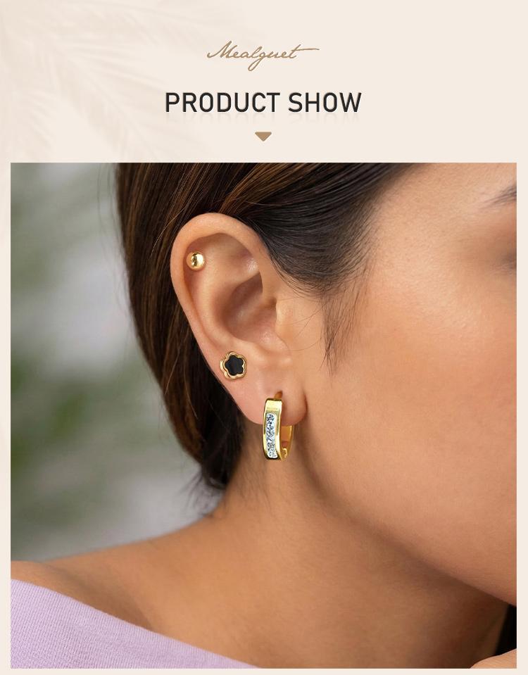 Earrings Set Gold Plated Stainless Steel Black Flower Studs CZ Hoop Earrings for Women Multiple Piercing Jewelry