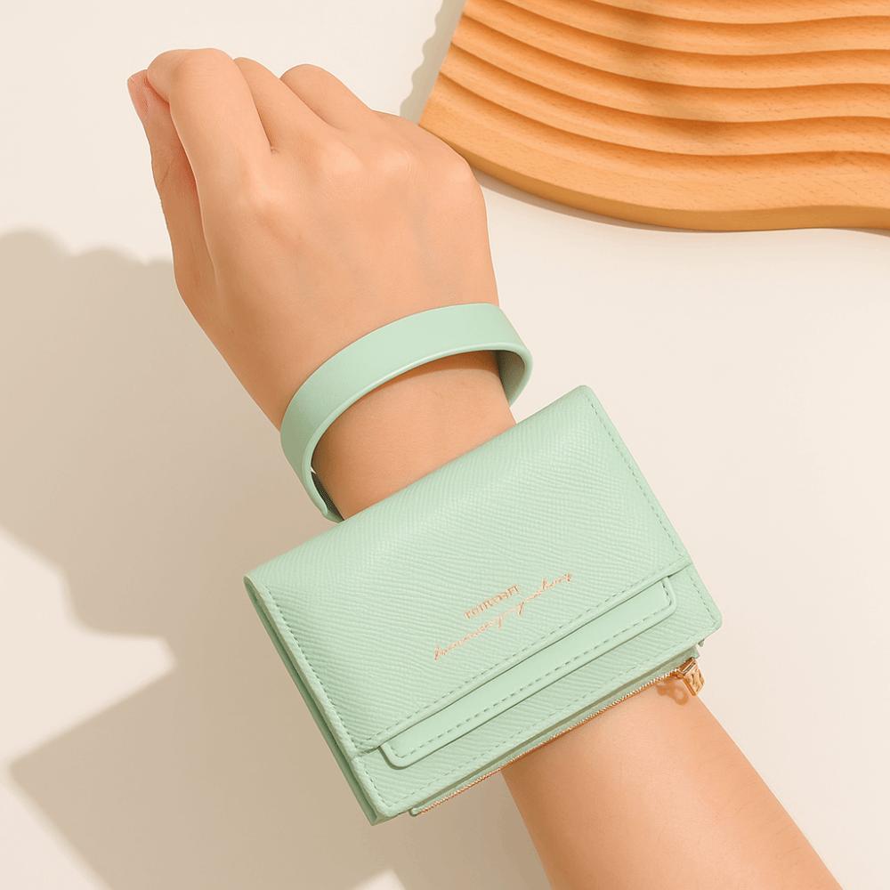 PVC Women Folding Wallet Portable Lady Short PU Purse Wrist Rope Pouch Solid Color Card Bag  Work