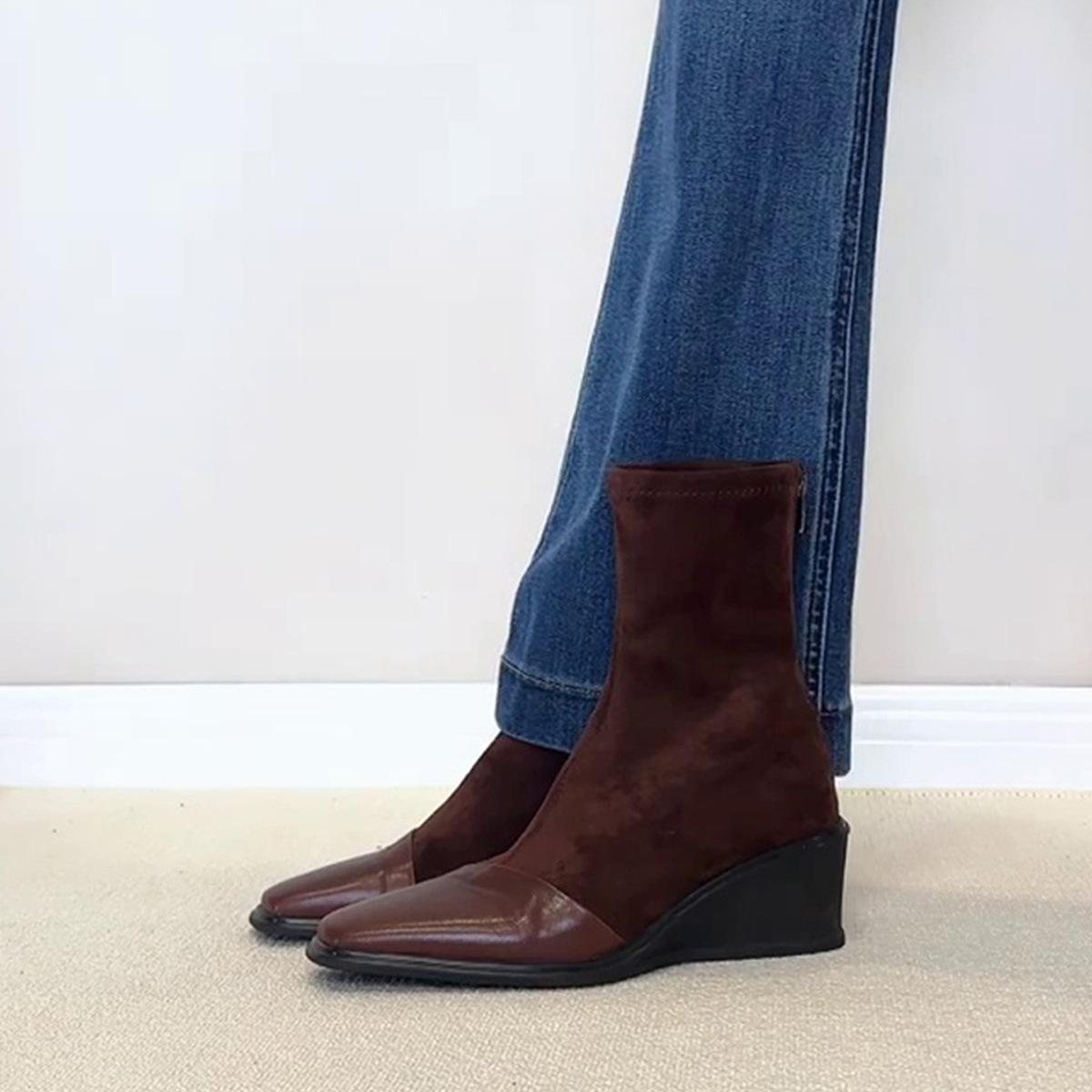 

Sheepskin version~ thick-soled wedge elastic thin boots retro square head short boots women s rear zipper socks boots slim Martin boots 40