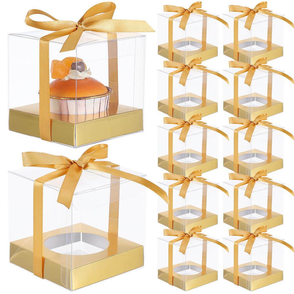 12Pcs PVC Cake Packaging Boxes Clear Window Elegant Design for Baking Treats Bakery Cupcake Muffin Transport Container