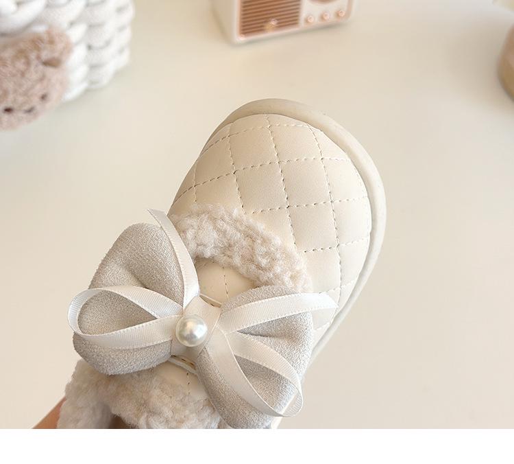 Girls' Winter Cotton Loafers with Bows - Cozy Low-Top Furry Shoes for Toddlers and Kids