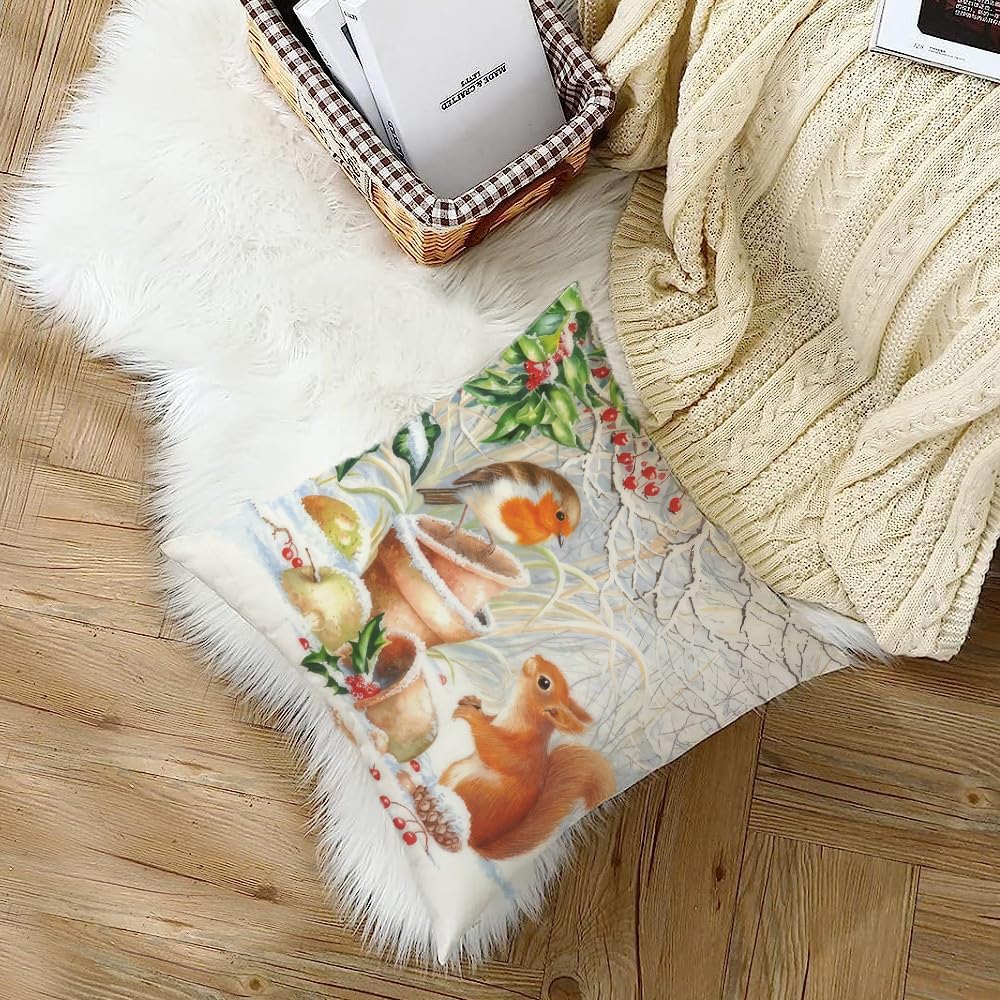1Pc Winter Robin Squirrel Cushion Cover, Watercolor Snowy Wildlife Print Throw Pillow Case, Festive Home Decor For Sofa Bedroom