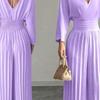 Pantaloni a gamba larga a vita alta alla moda, eleganti, tinta unita, scollo a V, manica corta, plissettati, tuta intera da donna, stile da pendolare