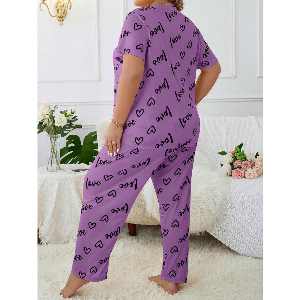 Plus Size 3XL 4XL 5XL Sleepwear Heart Letters Print 2 PCS Pajama Set Women's Casual Short-Sleeve Top and Pants Loungewear