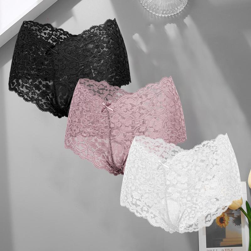 3Pcs/Set Sexy Lace Bowknot Boxer Shorts For Women Seamless Hollow Out Perspective Boyshort Female Sport Breathable Lingerie S-XL