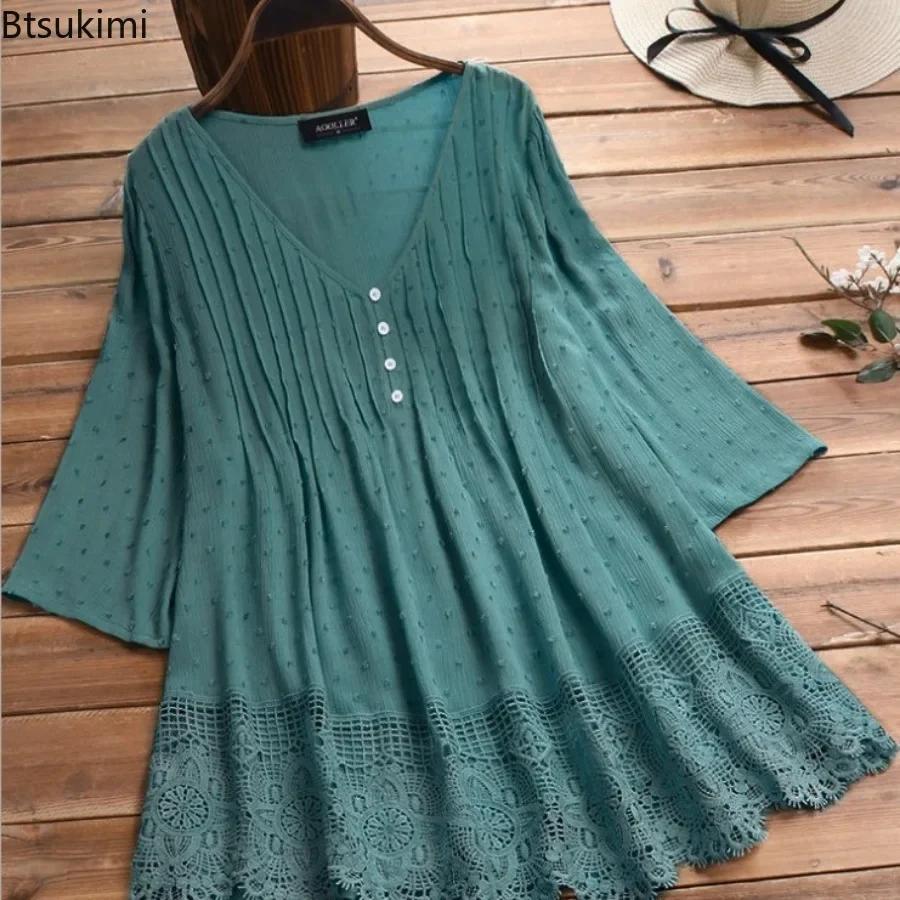 Women's Cotton Linen Blouse Tops Fashion Lace Hollow Out V-neck Shirt Ladies Retro 3/4 Sleeve Loose Casual Tops Plus Size