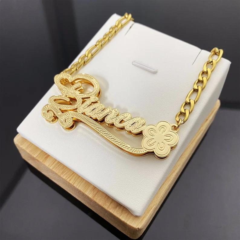 Custom Name Double Layers Pendant Necklace 3d 18K Gold Stainless Steel Chain Cuban Link Name Necklace Fashion Pendant Necklaces