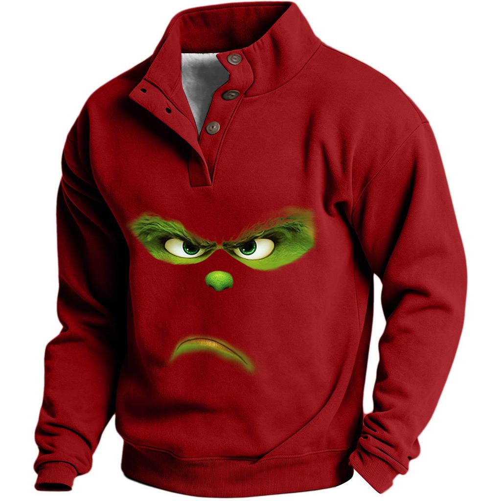 Men's Christmas Print Sweatshirt with Button Placket Casual Pullover