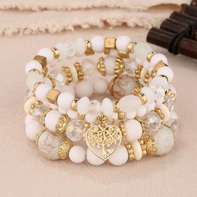 4Pcs Tree of Life Heart Bracelet Set For Women Acrylic Glass Beads Chain Elastic Bangle Female  Party Jewelry