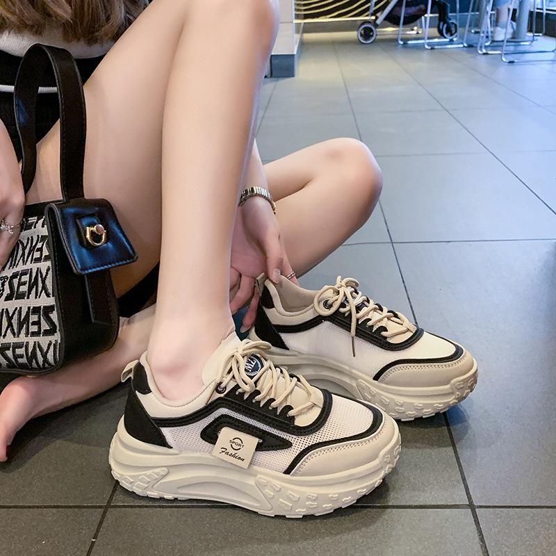 Korean version of women's shoes 2025 new spring and summer dad shoes versatile thick sole inner height increase mesh breathable high top white shoes