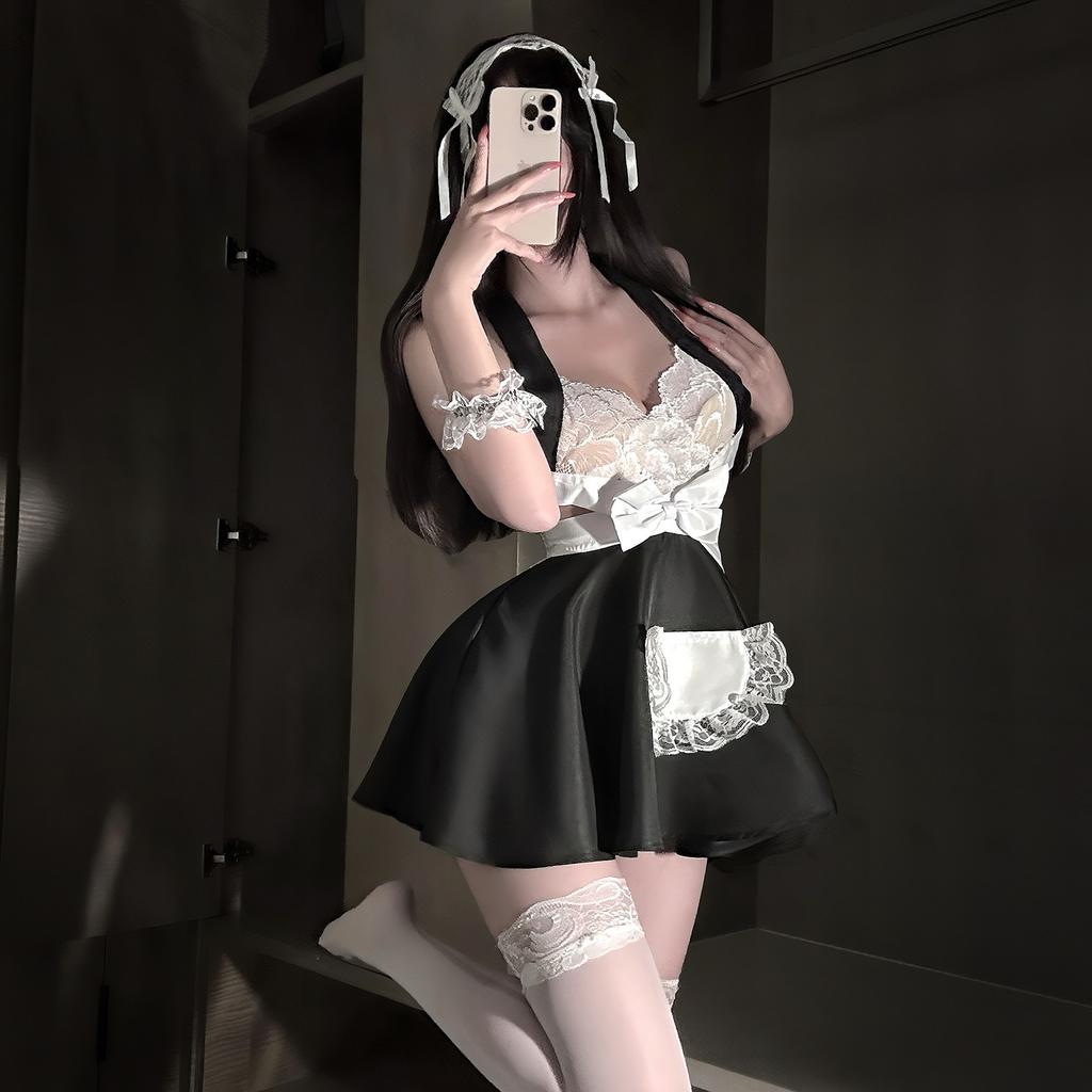Sexy lingerie sexy lace bow strap halter slit skirt hot maid maid uniform girl