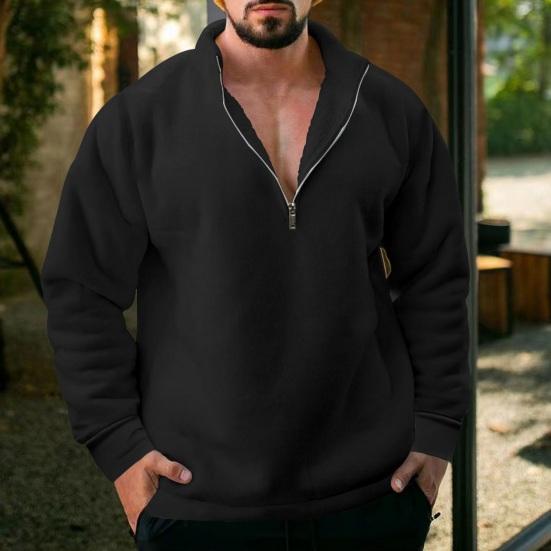 Suéter masculino de lã com meio zíper, cor sólida, à prova de vento, outono inverno, manga comprida, moletom com lapela