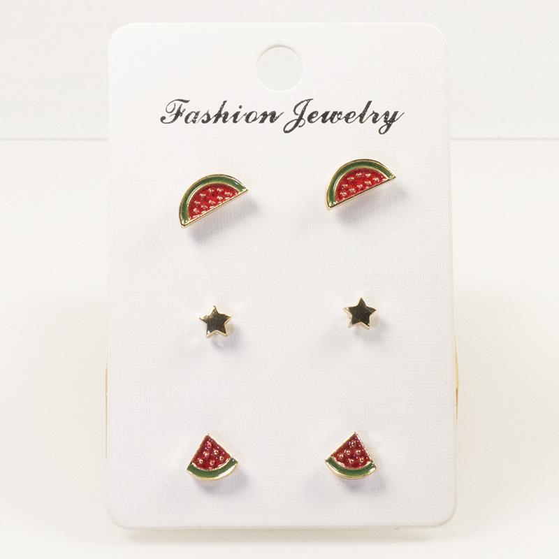 S925 silver needle small fresh summer oil dripping watermelon stud earrings set combination fruit super fairy cute earrings