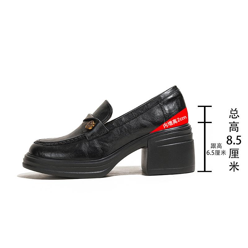 Women's spring new versatile one-pedal thick heel inner height increase small leather shoes buckle camellia single shoes women