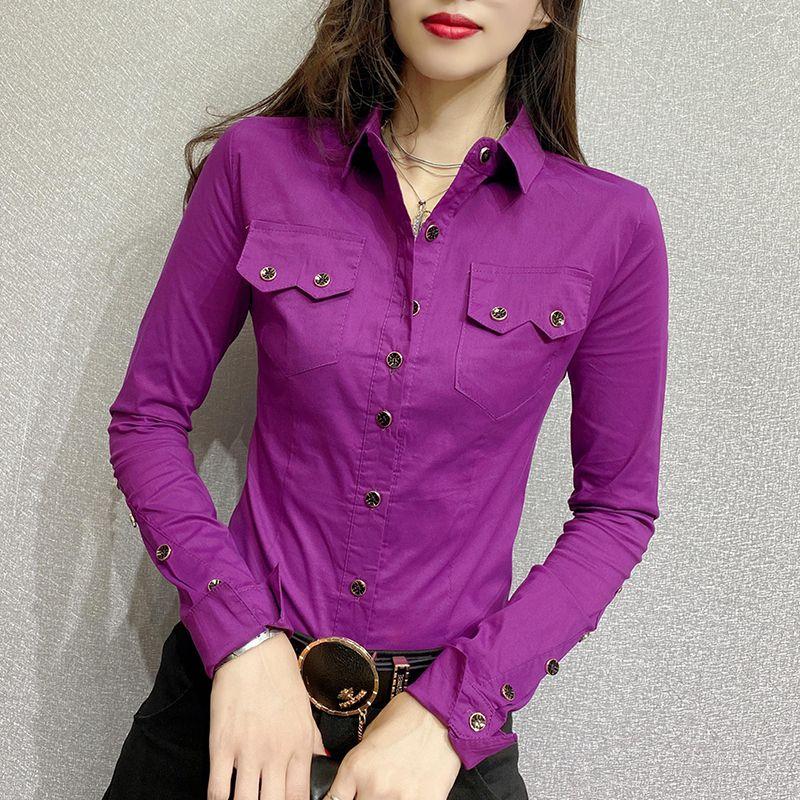 Office Lady Slim Solid Color Blouse Fashion Pockets Spliced Spring Autumn Chic Single-breasted Women's Clothing Polo-Neck Shirt