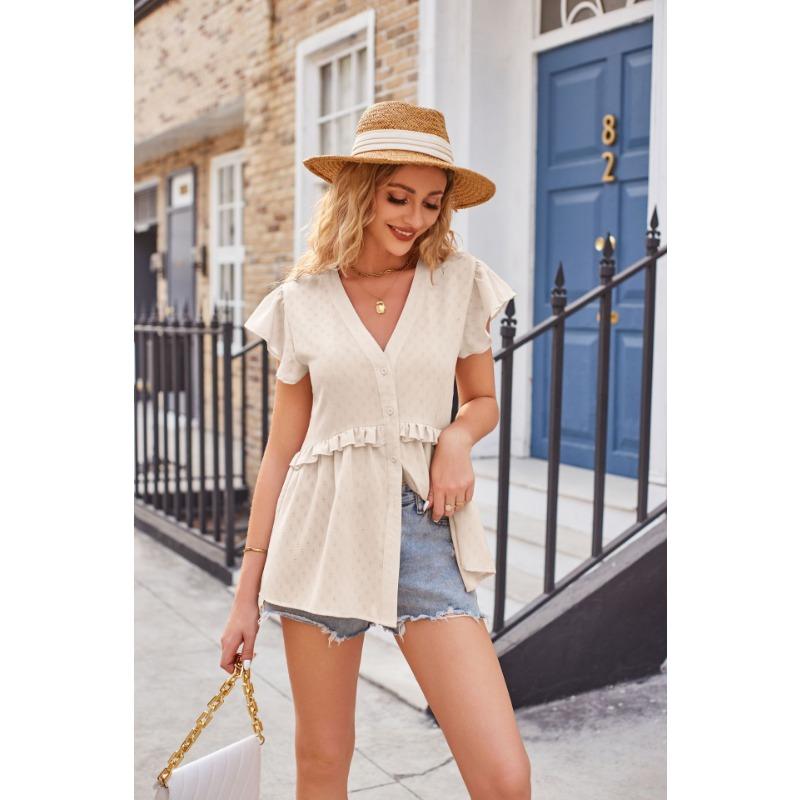 Summer Women's T-shirt Hollow Jacquard Waisted Lace Ruffle Sleeve Shirt Short Sleeve Tops