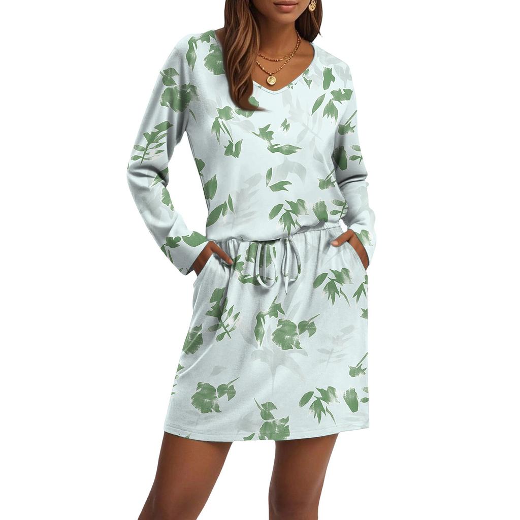 Damenmode V-Ausschnitt Langarm Kordelzug Mit Tasche Blumendruck Freizeitkleider