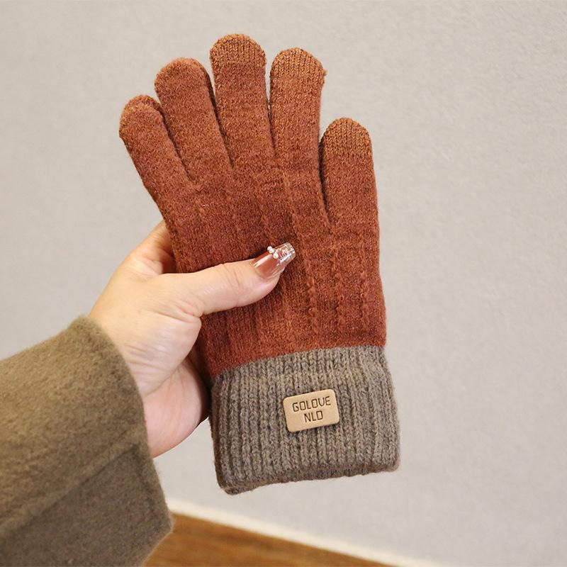 Camel Wool Knitted Gloves Women's Autumn and Winter Warm Outdoor Antifreeze Full Finger Gloves Piled and Thickened