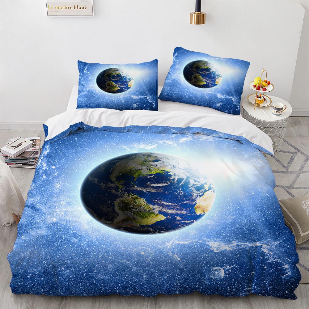 Galaxy Planet King Queen Duvet Cover Universe Sky Bedding Set 3D Blue Earth Outer Space Astronomy 2/3pcs Polyester Quilt Cover