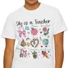 She Is a Teacher Doodles T-Shirt and Kids Tshirt | Cute School Icons Apple Globe Heart