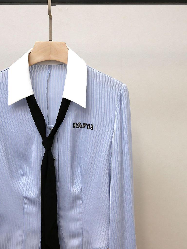 Autumn Women's Striped Shirt with Bow Tie & Flared Sleeves