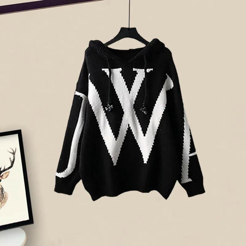 Übergröße Damen Sets Winter Strickpullover Kapuzenpullover Top Stretch Weitbeinige Hose Zweiteiliges Set